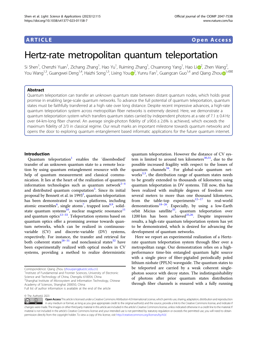 (PDF) Hertzrate metropolitan quantum teleportation