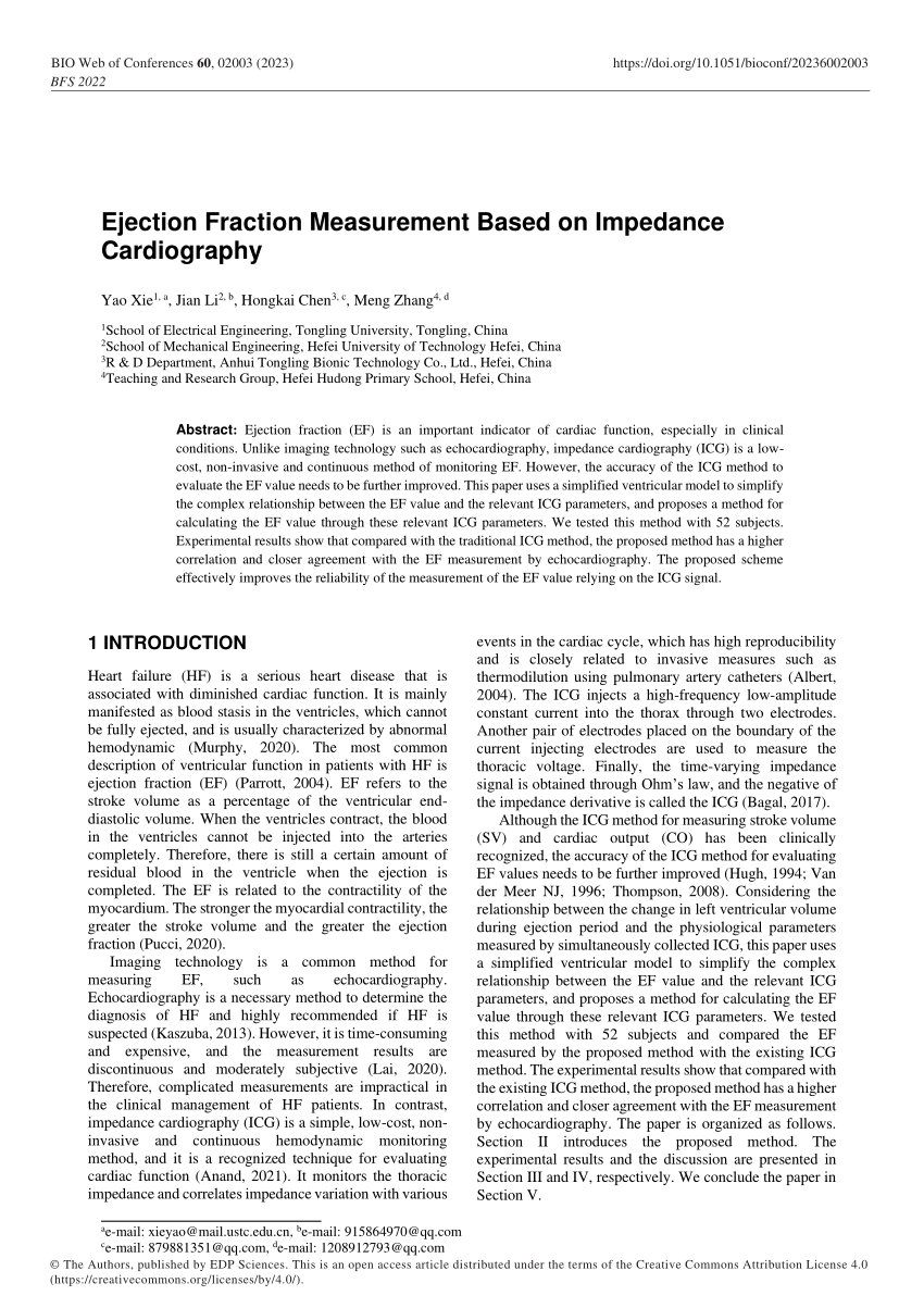 (PDF) Ejection Fraction Measurement Based on Impedance Cardiography