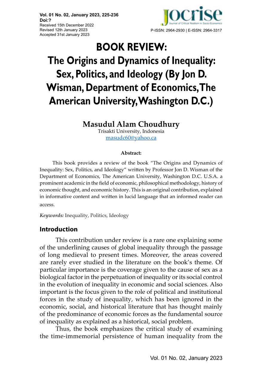 Pdf The Origins And Dynamics Of Inequality Sex Politics And Ideology By Jon D Wisman 3602