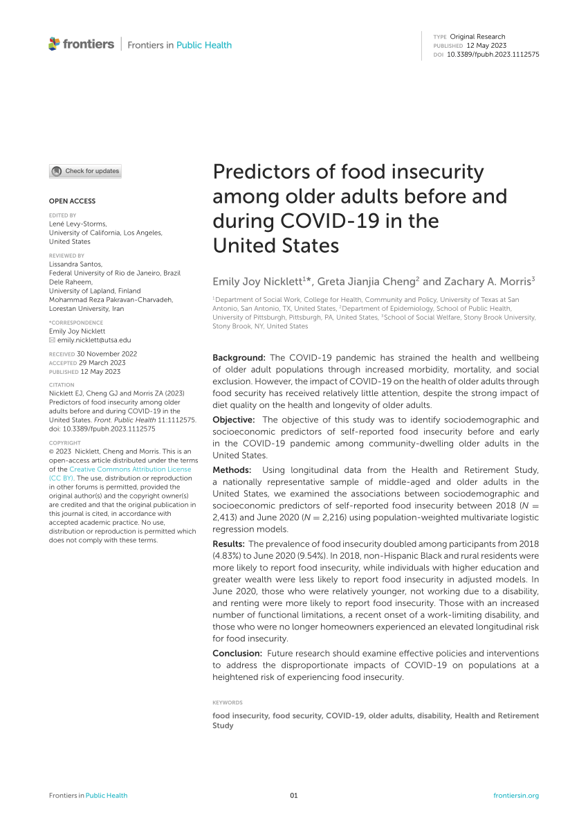 PDF) Correlates of Transitions in Food Insecurity Status during the Early  Stages of the COVID-19 Pandemic among Ethnically Diverse Households in  Central Texas