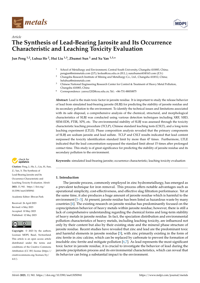 PDF) The Synthesis of Lead-Bearing Jarosite and Its Occurrence  Characteristic and Leaching Toxicity Evaluation