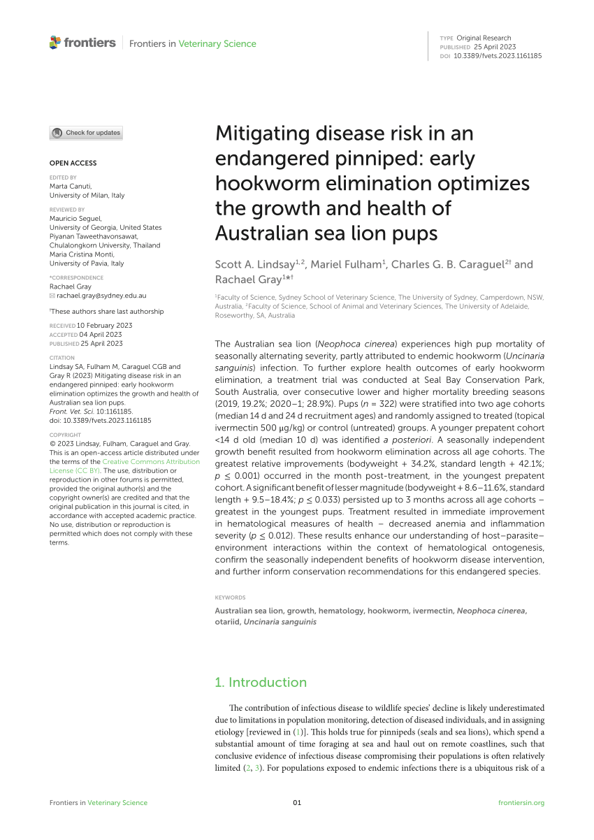 (PDF) Mitigating disease risk in an endangered pinniped: early hookworm