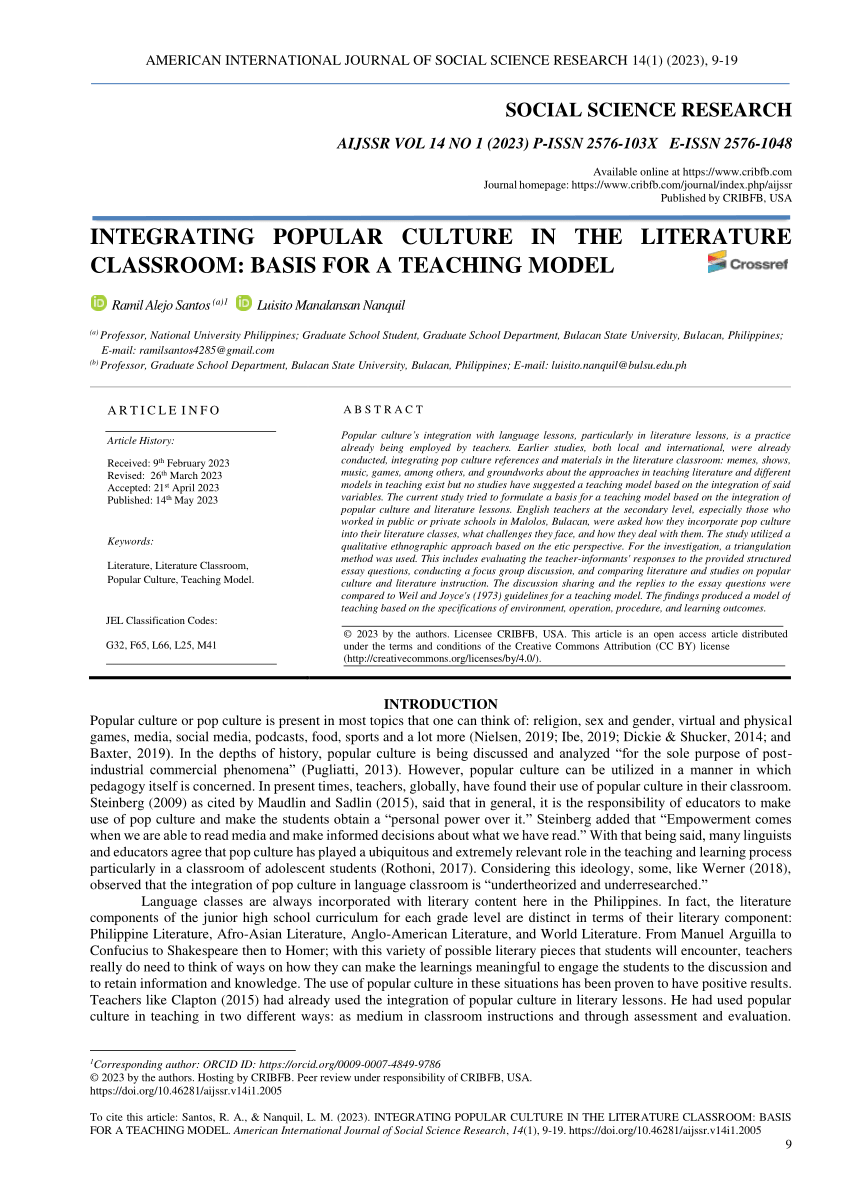PDF) INTEGRATING POPULAR CULTURE IN THE LITERATURE CLASSROOM: BASIS FOR A  TEACHING MODEL