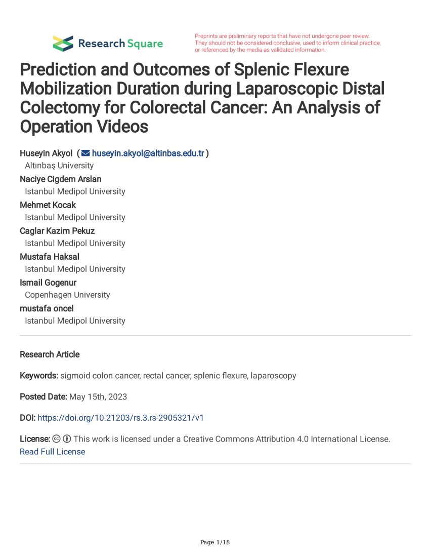 Pdf Prediction And Outcomes Of Splenic Flexure Mobilization Duration During Laparoscopic 1616
