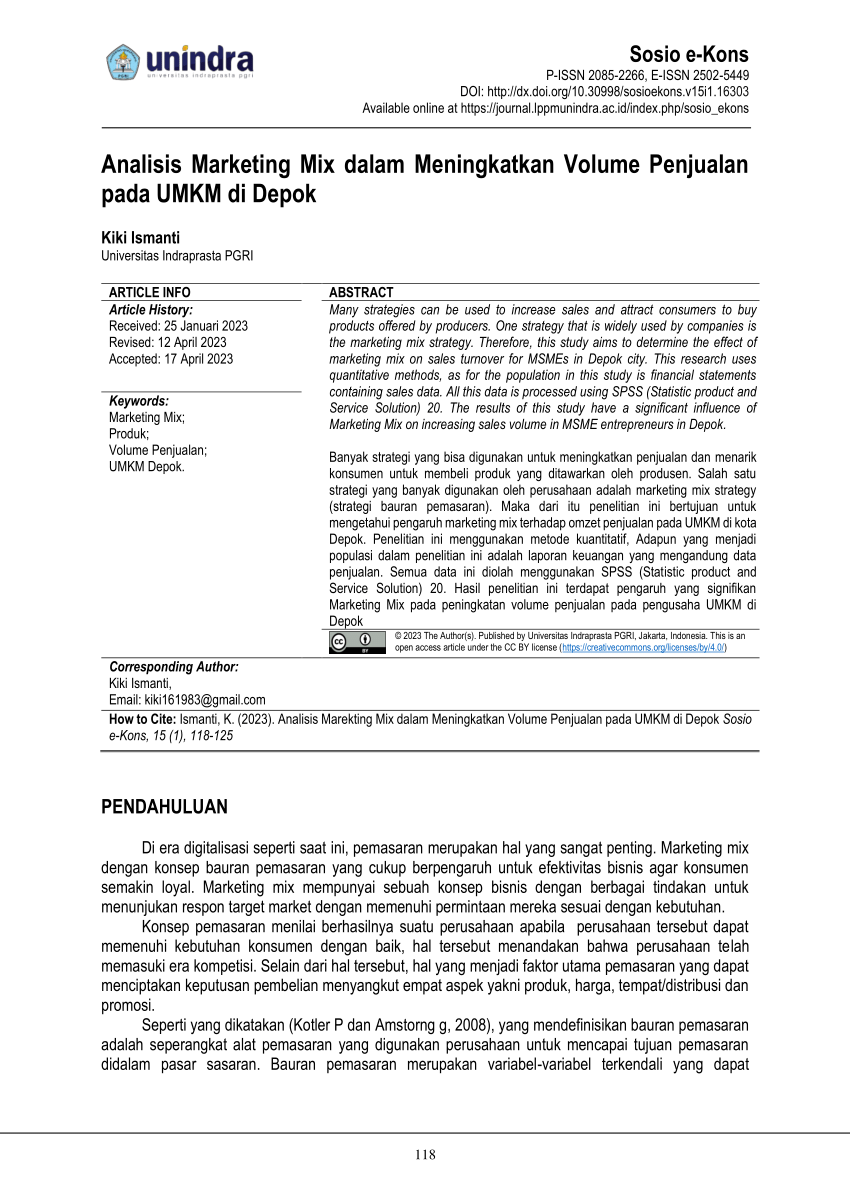 Pdf Analisis Marketing Mix Dalam Meningkatkan Volume Penjualan Pada Umkm Di Depok 4373