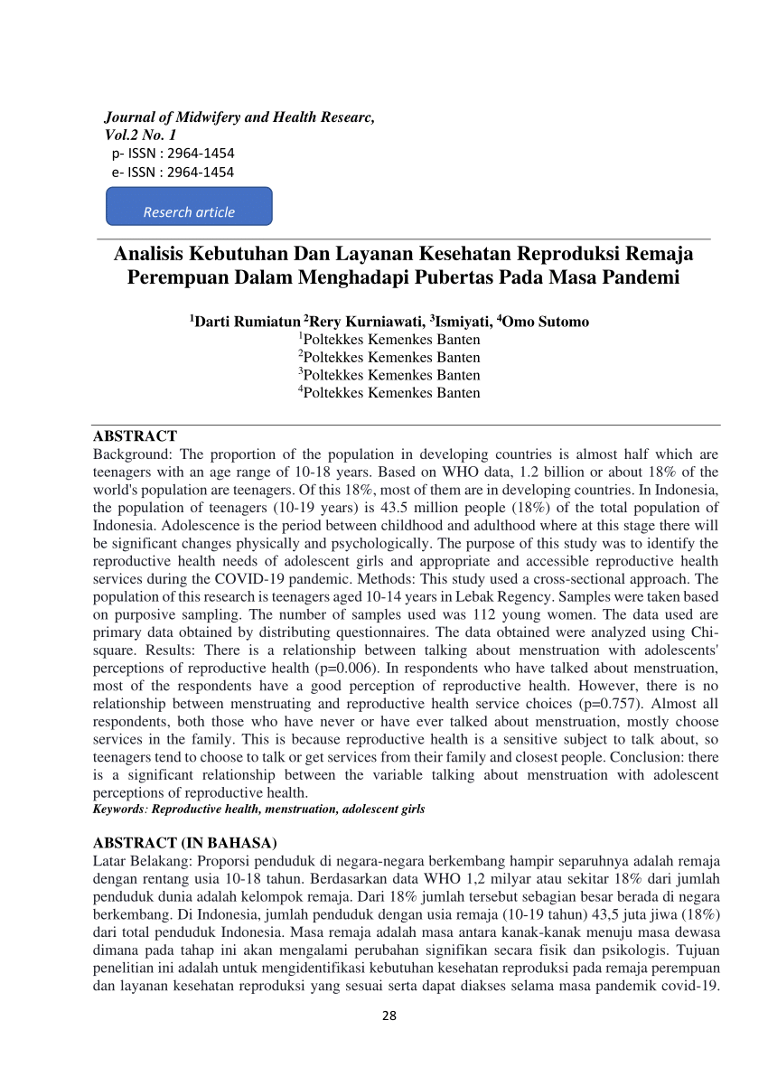 Pdf Analisis Kebutuhan Dan Layanan Kesehatan Reproduksi Remaja Perempuan Dalam Menghadapi 2233