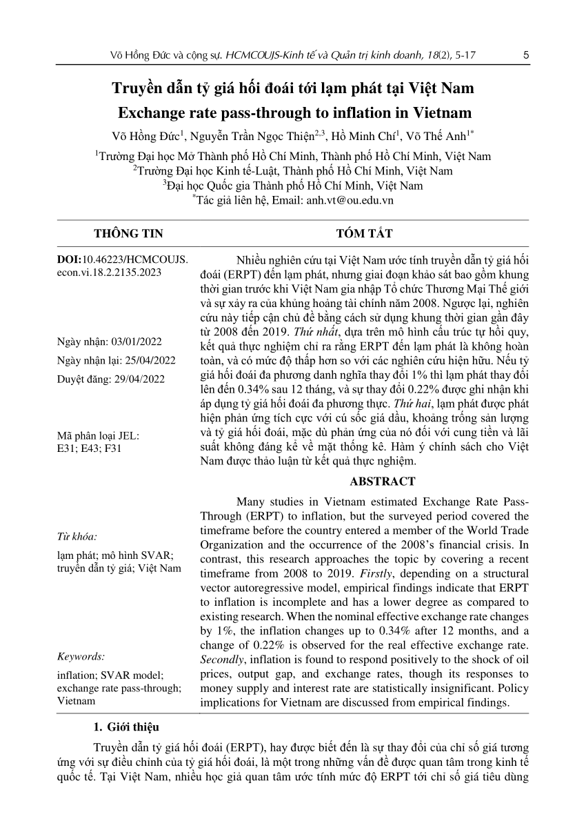 Pdf Truyền Dẫn Tỷ Giá Hối đoái Tới Lạm Phát Tại Việt Nam 4021