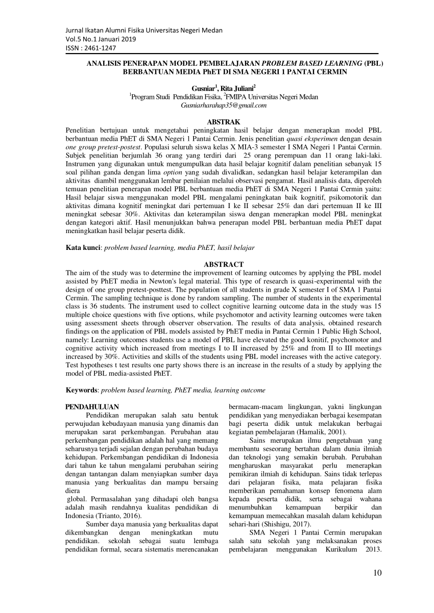 Pdf Analisis Penerapan Model Pembelajaran Problem Based Learning Pbl Berbantuan Media Phet 7160