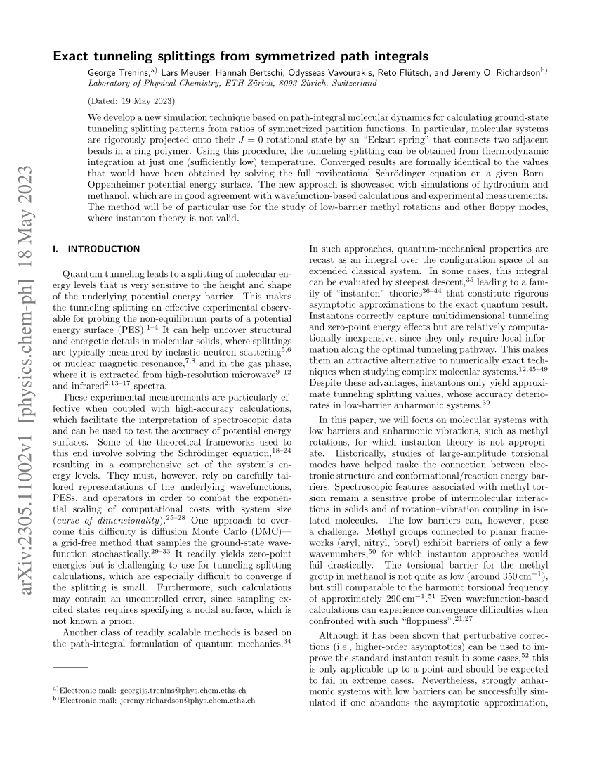 PDF) Exact tunneling splittings from symmetrized path integrals