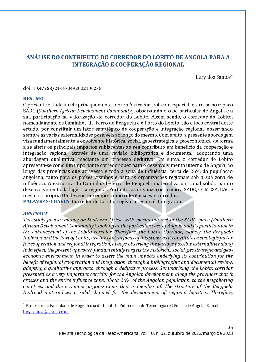 Pdf AnÁlise Do Contributo Do Corredor Do Lobito De Angola Para A IntegraÇÃo E CooperaÇÃo Regional 7556