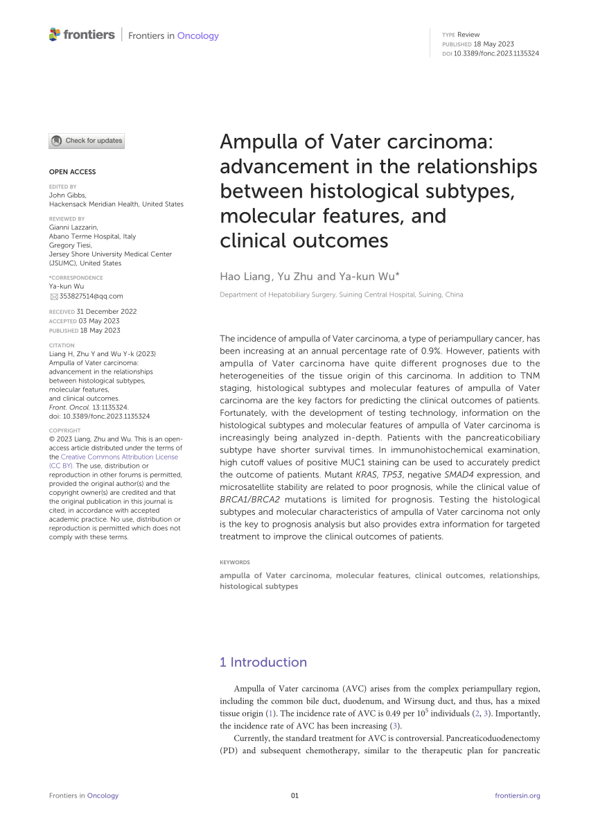 Pdf Ampulla Of Vater Carcinoma Advancement In The Relationships Between Histological Subtypes