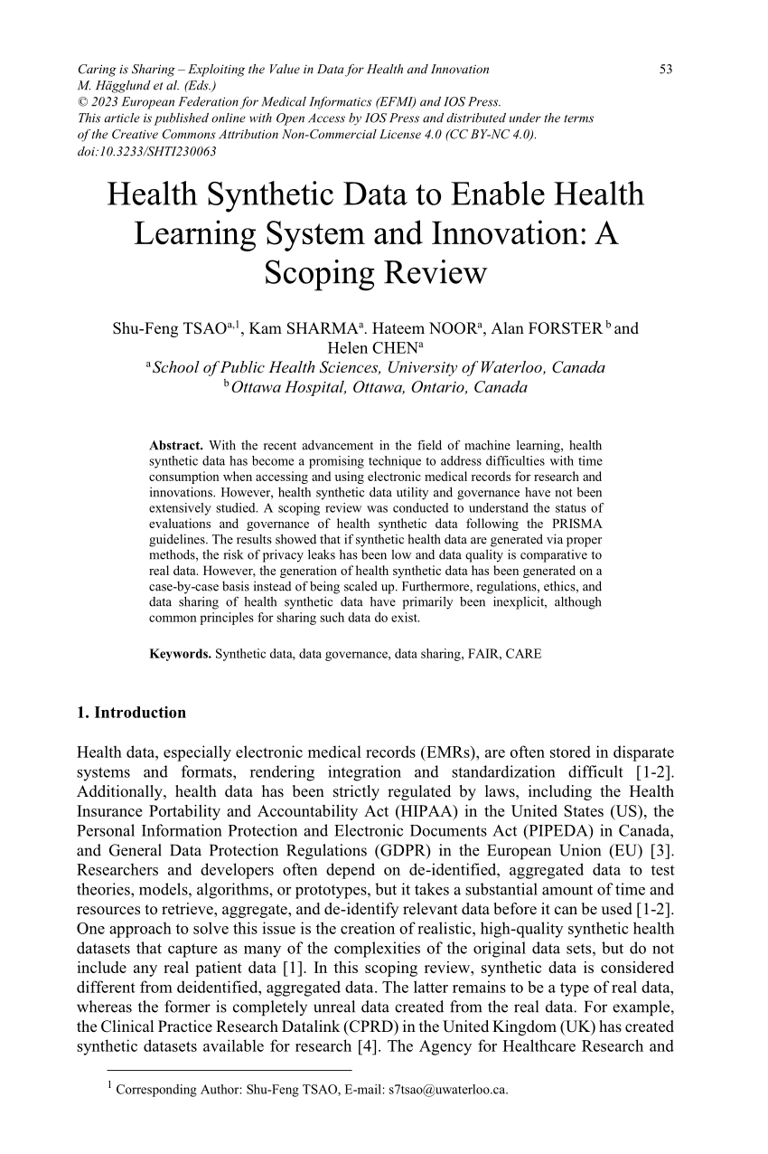 (PDF) Health Synthetic Data to Enable Health Learning System and ...