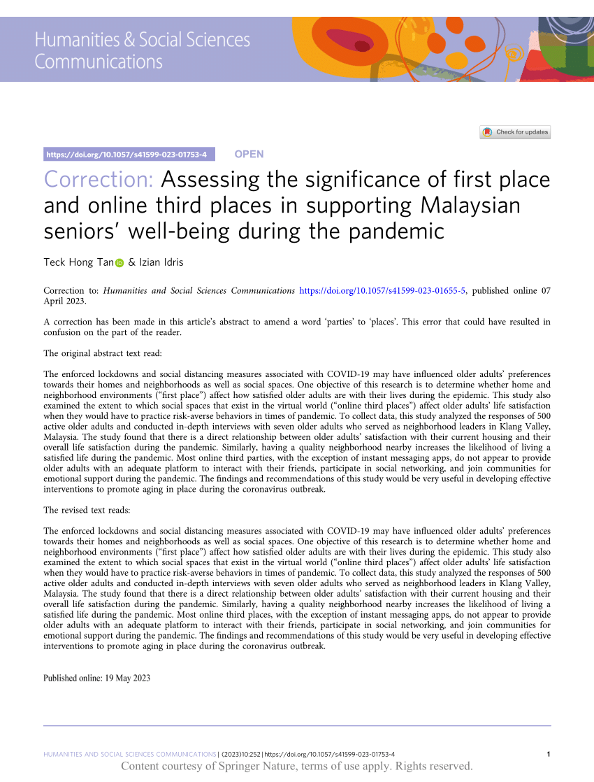 Assessing the significance of first place and online third places in  supporting Malaysian seniors' well-being during the pandemic