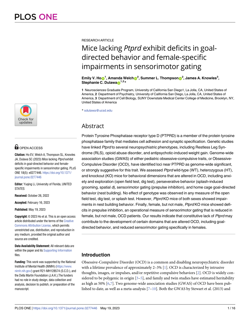 Pdf Mice Lacking Ptprd Exhibit Deficits In Goal Directed Behavior And