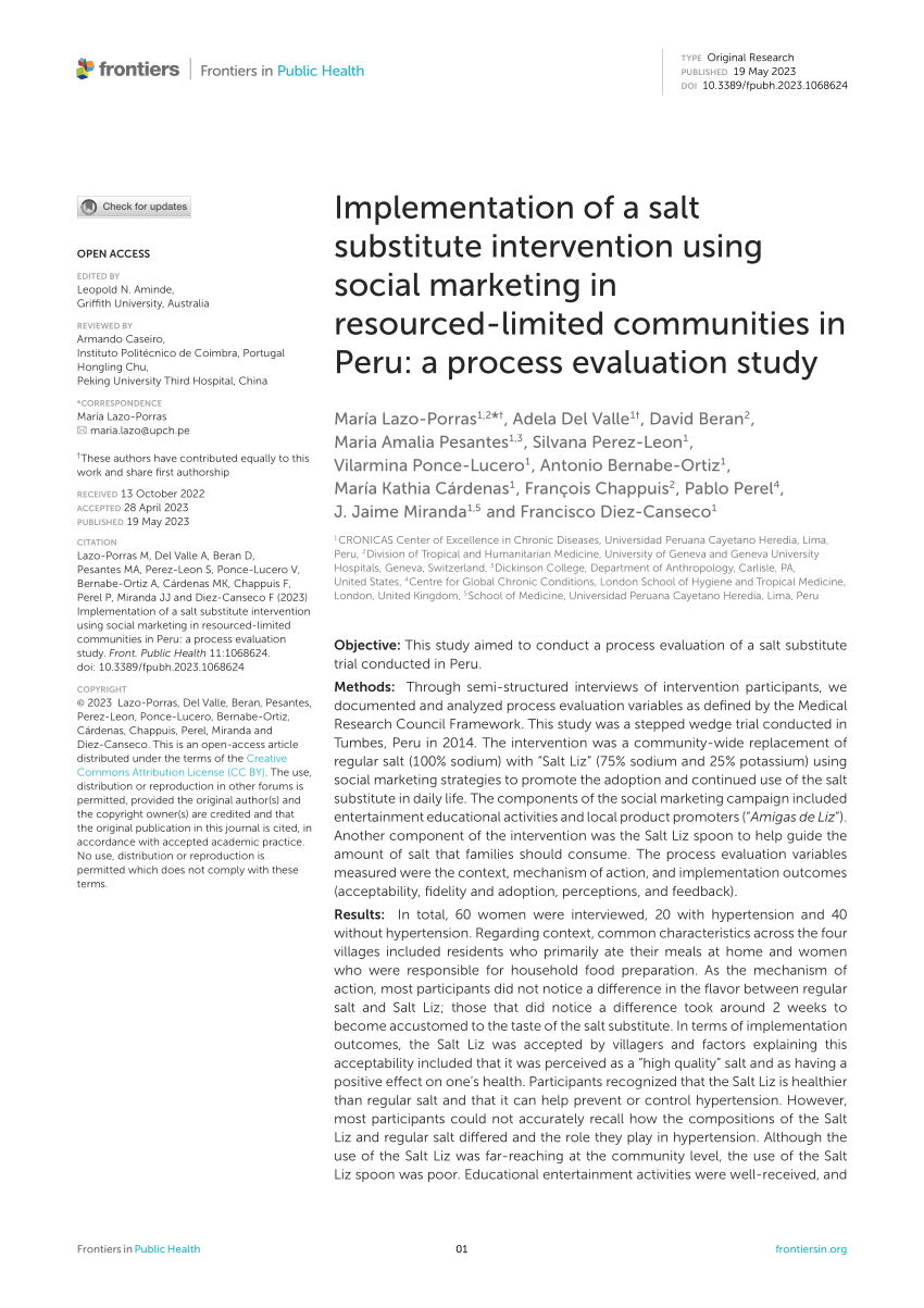 Frontiers  Implementation of a salt substitute intervention using social  marketing in resourced-limited communities in Peru: a process evaluation  study