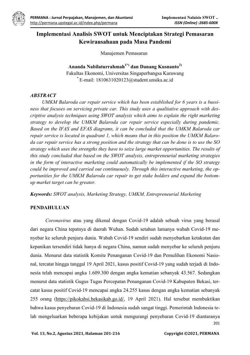 Pdf Implementasi Analisis Swot Untuk Menciptakan Strategi Pemasaran Kewirausahaan Pada Masa 3271
