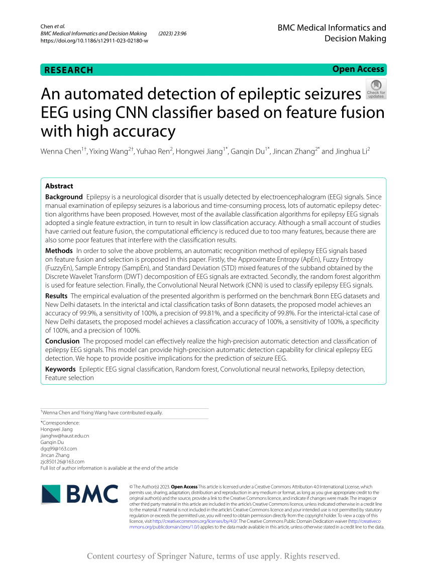 Pdf An Automated Detection Of Epileptic Seizures Eeg Using Cnn Classifier Based On Feature 2035