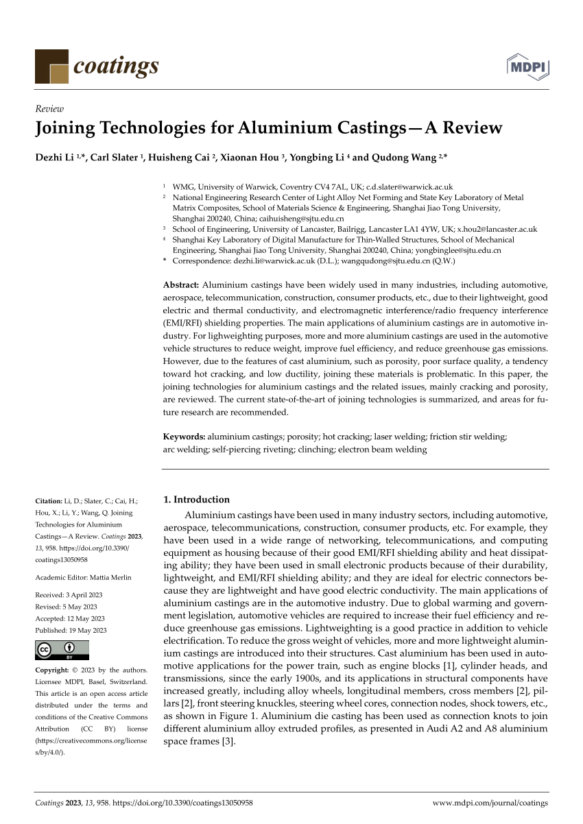 PDF) Joining Technologies for Castings—A Review Aluminium