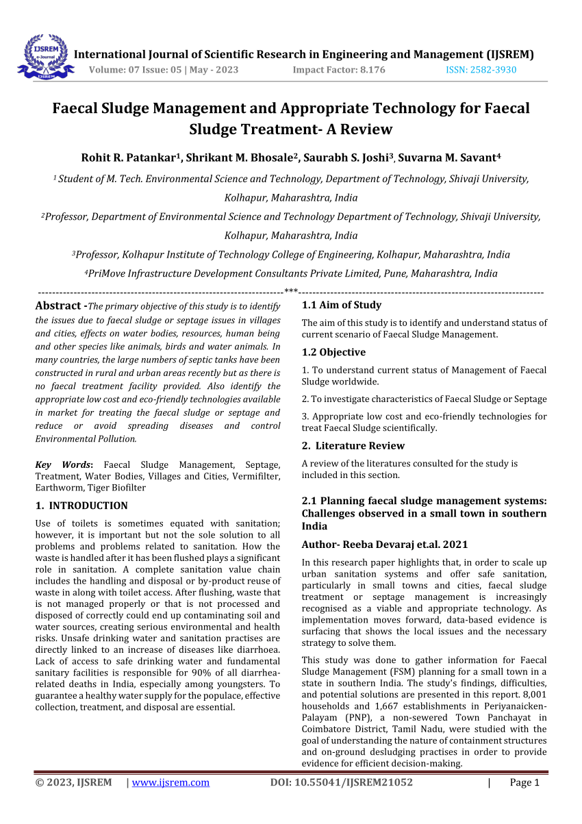 Pdf Faecal Sludge Management And Appropriate Technology For Faecal