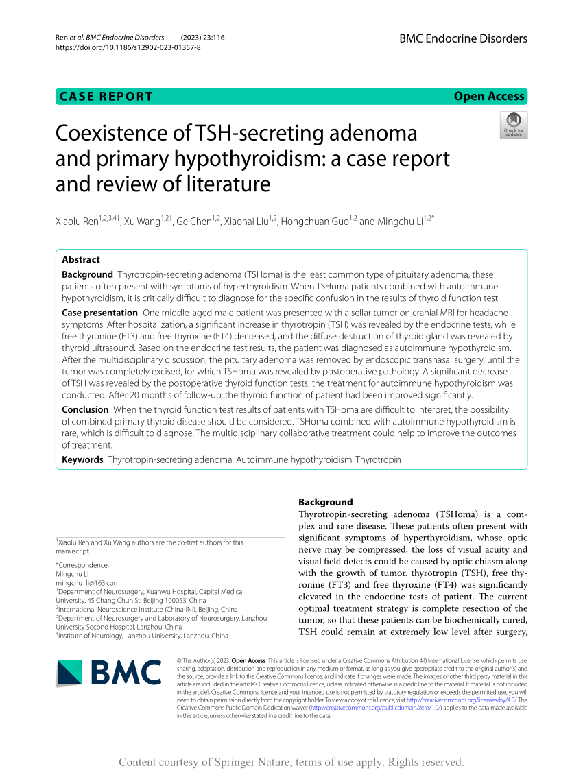 Pdf Coexistence Of Tsh Secreting Adenoma And Primary Hypothyroidism A Case Report And Review 