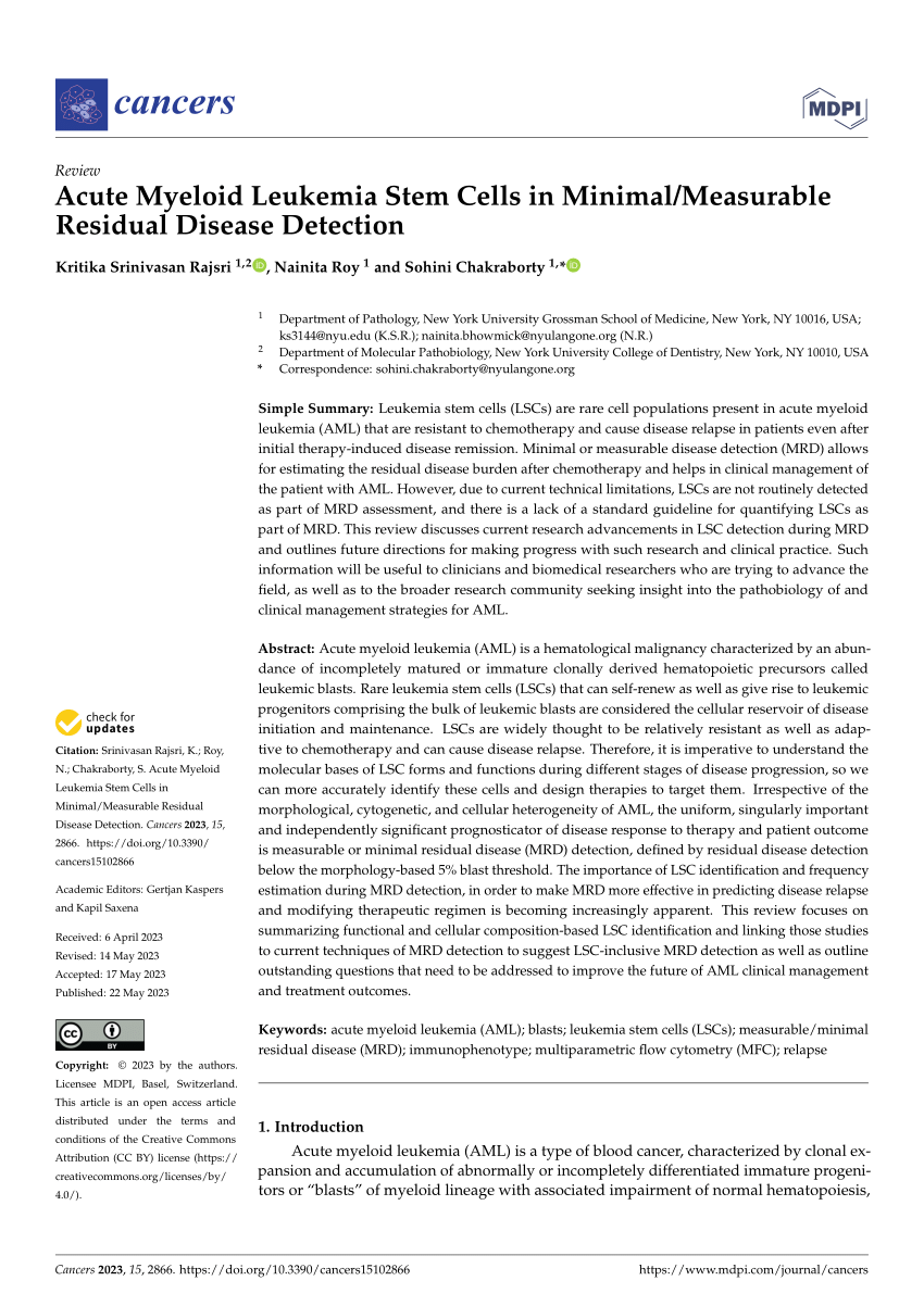 Pdf Acute Myeloid Leukemia Stem Cells In Minimalmeasurable Residual Disease Detection