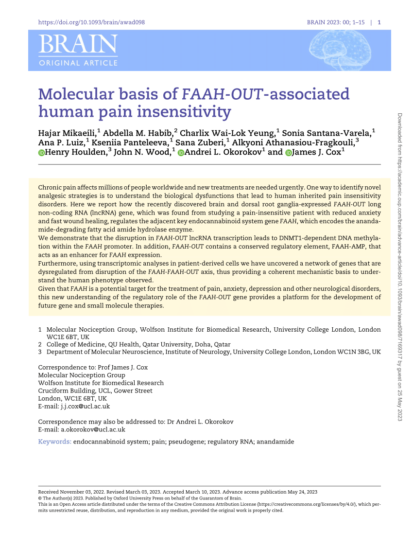 PDF) Molecular basis of FAAH-OUT-associated human pain insensitivity