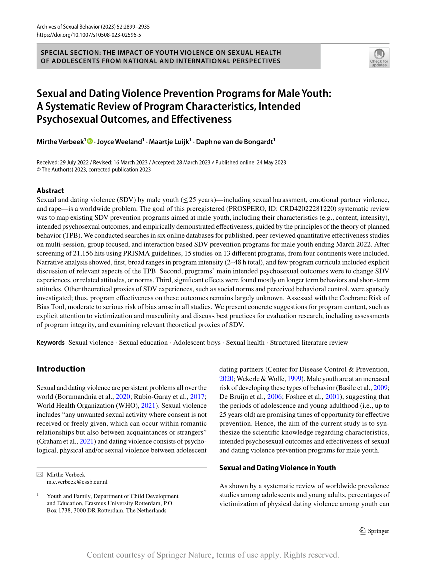 PDF) Sexual and Dating Violence Prevention Programs for Male Youth A Systematic Review of Program Characteristics, Intended Psychosexual Outcomes, and Effectiveness image
