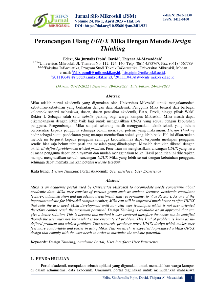 Pdf Perancangan Ulang Uiux Mika Dengan Metode Design Thinking 1787