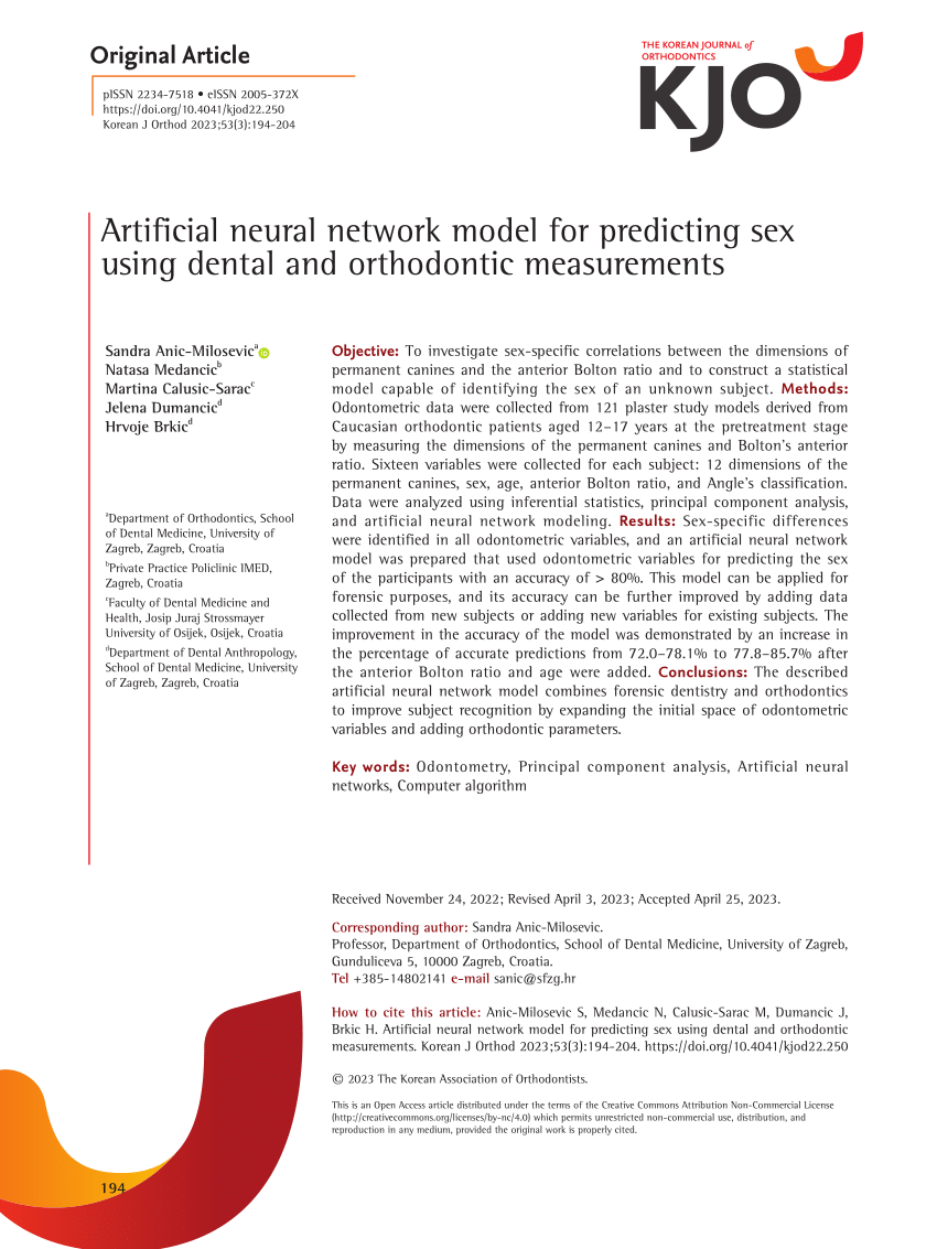 Pdf Artificial Neural Network Model For Predicting Sex Using Dental And Orthodontic Measurements 0993