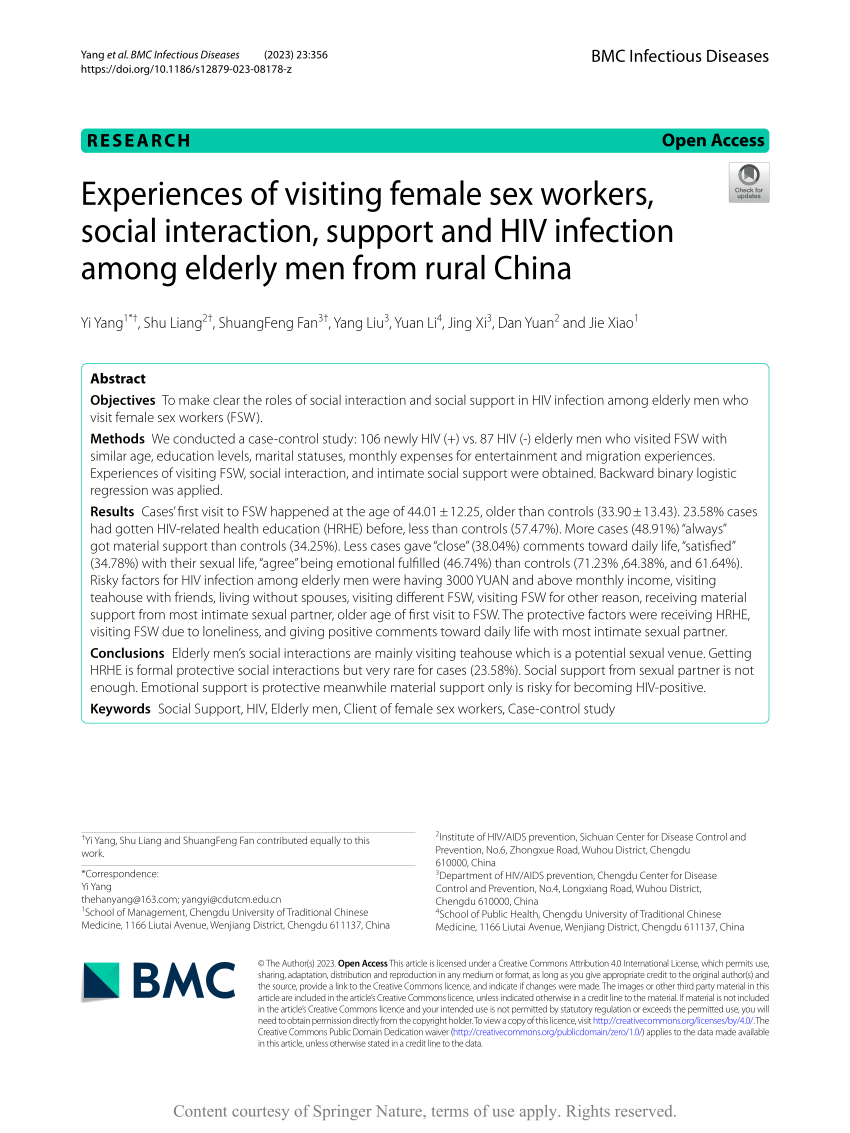 PDF) Experiences of visiting female sex workers, social interaction,  support and HIV infection among elderly men from rural China