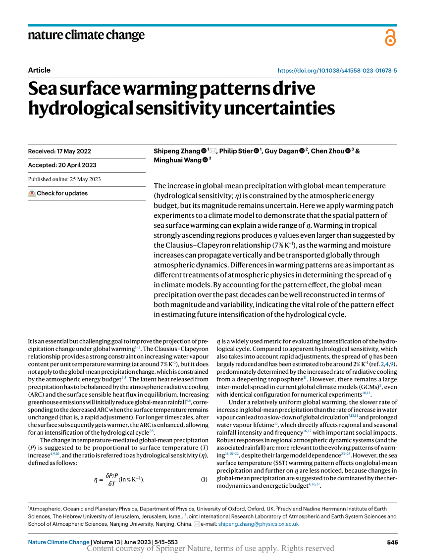 Sea surface warming patterns drive hydrological sensitivity uncertainties