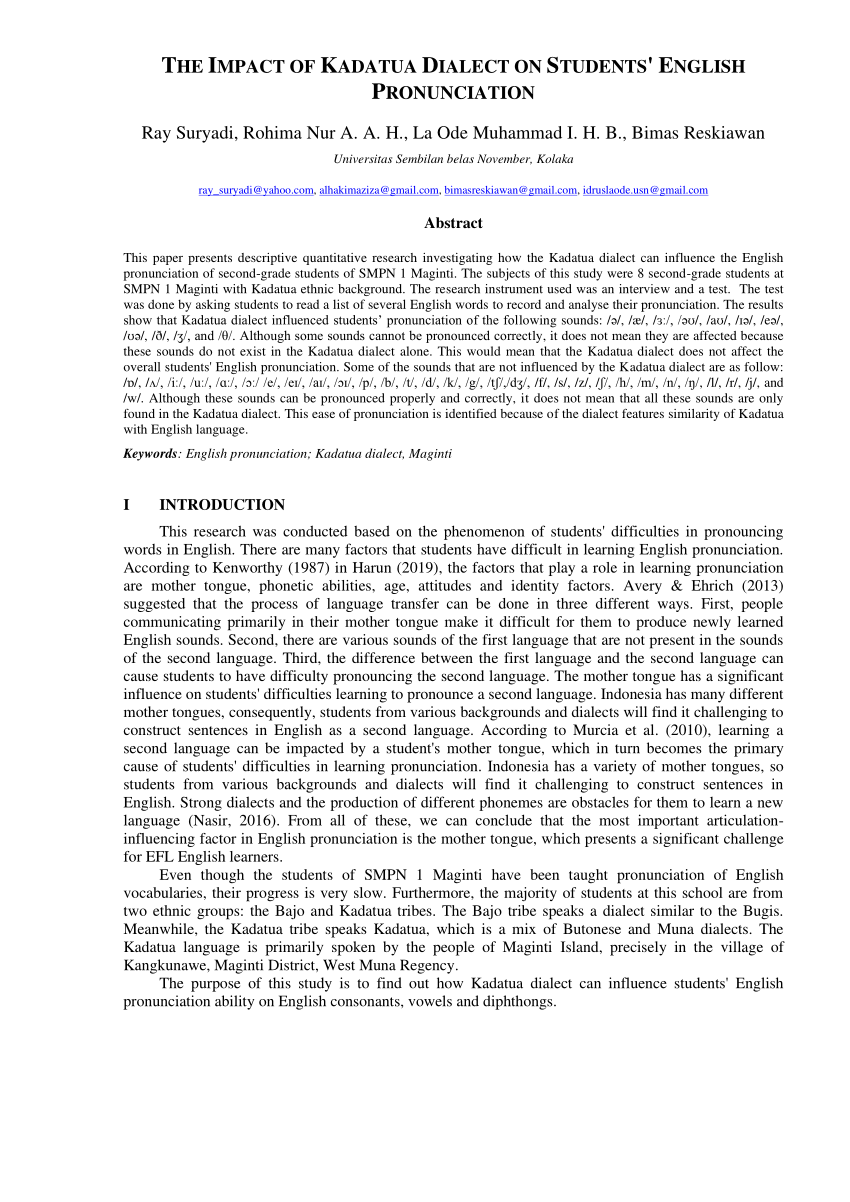 (PDF) The Impact of Kadatua Dialect on Students' English Pronunciation