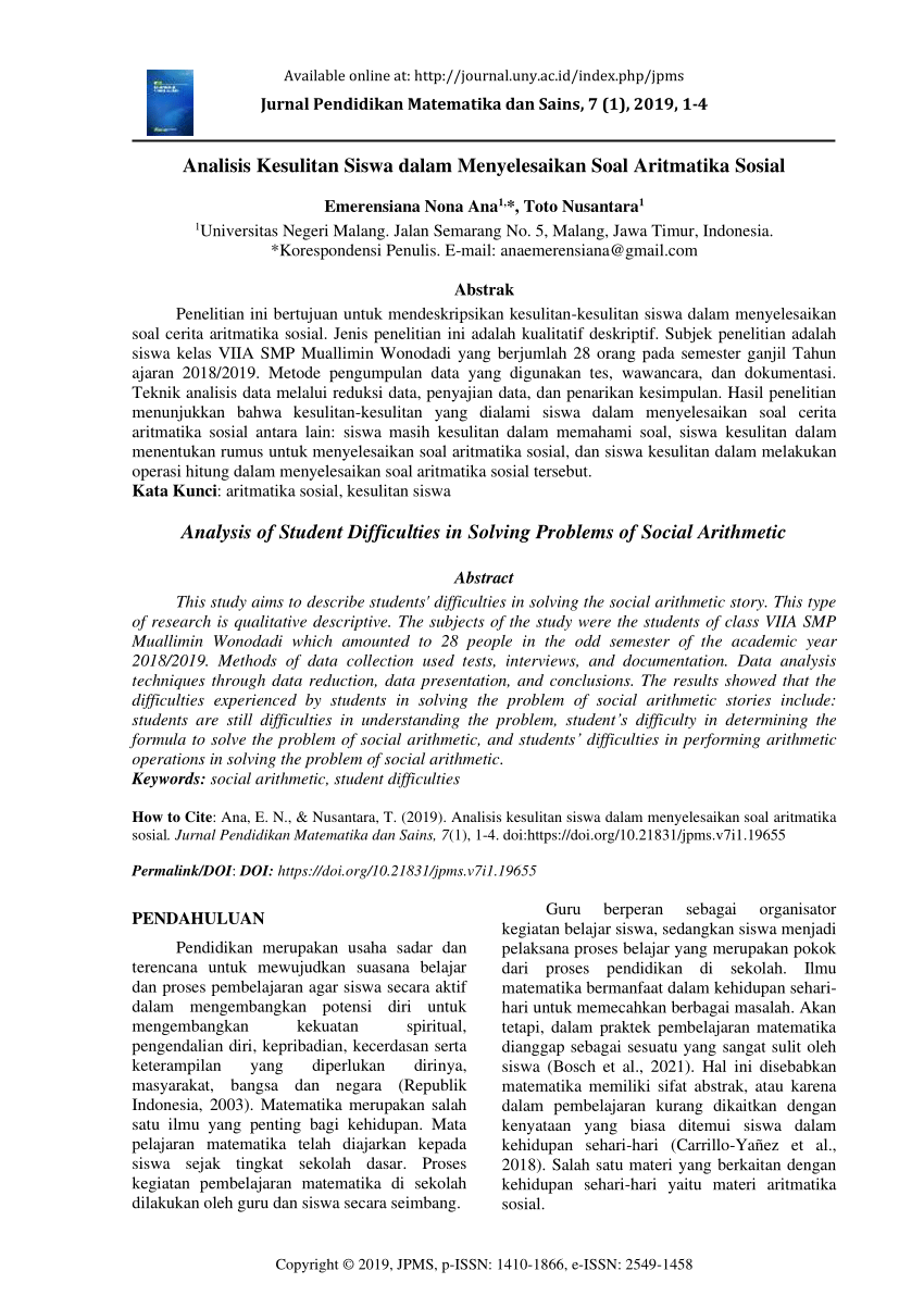 Pdf Analisis Kesulitan Siswa Dalam Menyelesaikan Soal Aritmatika Sosial