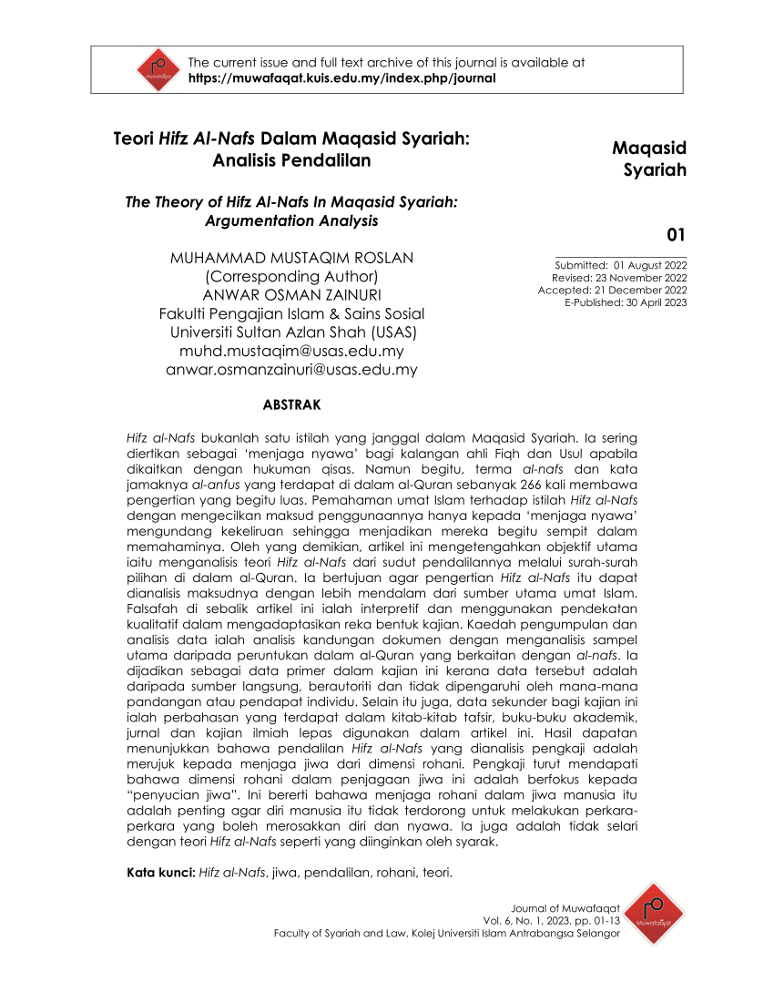 (PDF) Teori Hifz Al-Nafs dalam Maqasid Syariah: Analisis Pendalilan