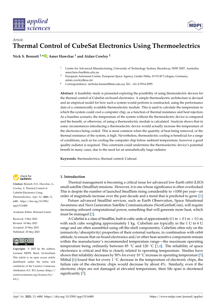 (PDF) Thermal Control of CubeSat Electronics Using Thermoelectrics