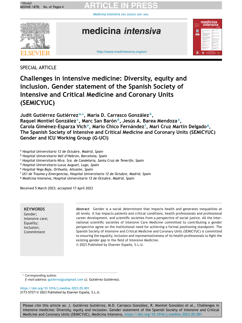 PDF) Challenges in intensive medicine: Diversity, equity and inclusion.  Gender statement of the Spanish Society ofIntensive and Critical Medicine  and Coronary Units(SEMICYUC)