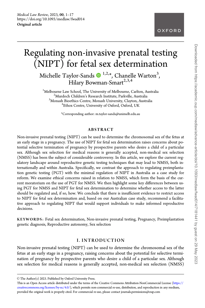 Pdf Regulating Non Invasive Prenatal Testing Nipt For Fetal Sex