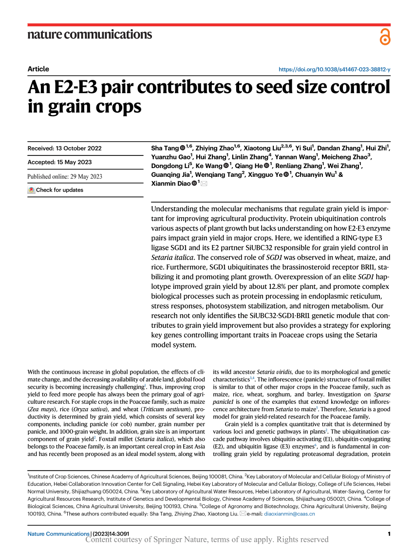 PDF) An E2-E3 pair contributes to seed size control in grain crops