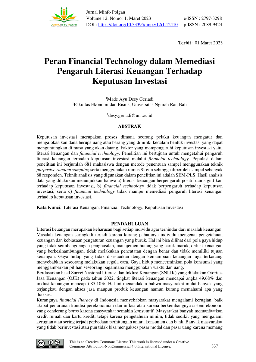 Pdf Peran Financial Technology Dalam Memediasi Pengaruh Literasi Keuangan Terhadap Keputusan 0039