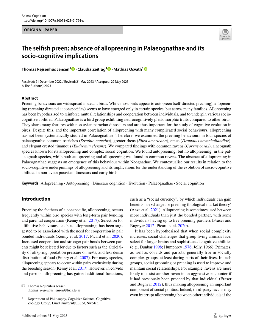 PDF) The selfish preen: absence of allopreening in Palaeognathae 