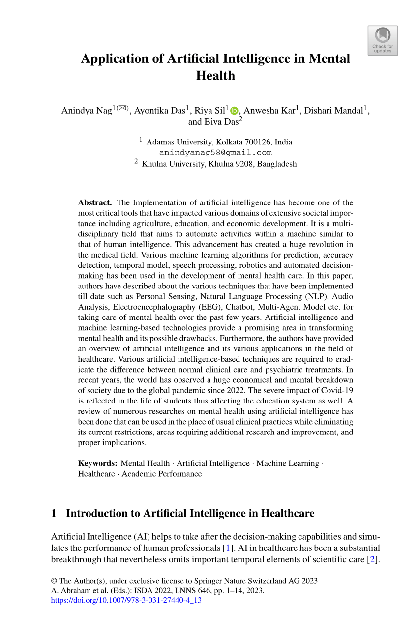 artificial intelligence in mental health care research paper