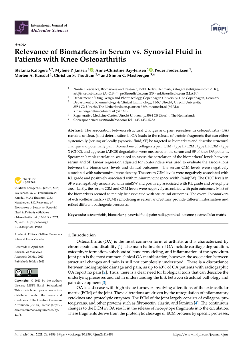 PDF Relevance of Biomarkers in Serum vs Synovial Fluid in  