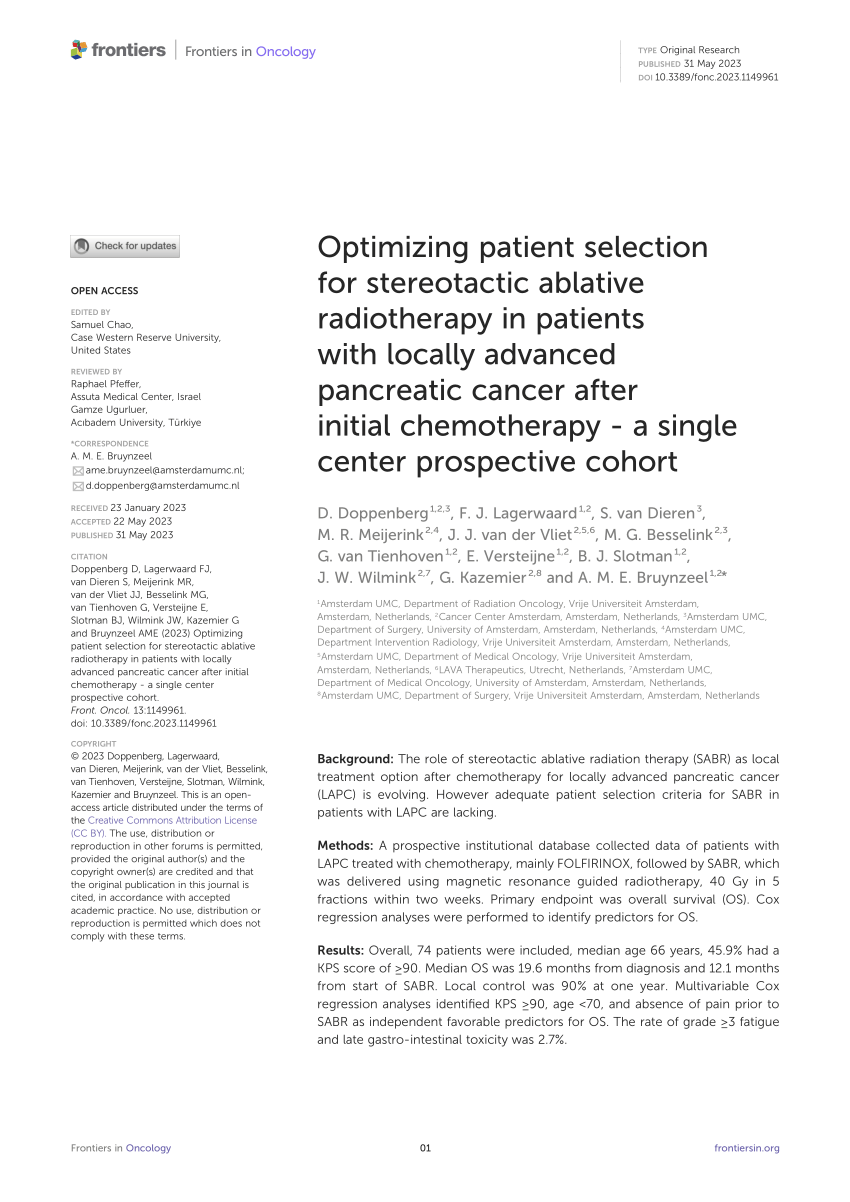 Pdf Optimizing Patient Selection For Stereotactic Ablative Radiotherapy In Patients With 2821