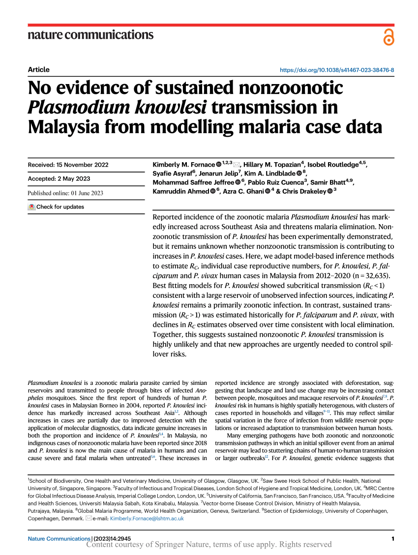 PDF No evidence of sustained nonzoonotic Plasmodium knowlesi  