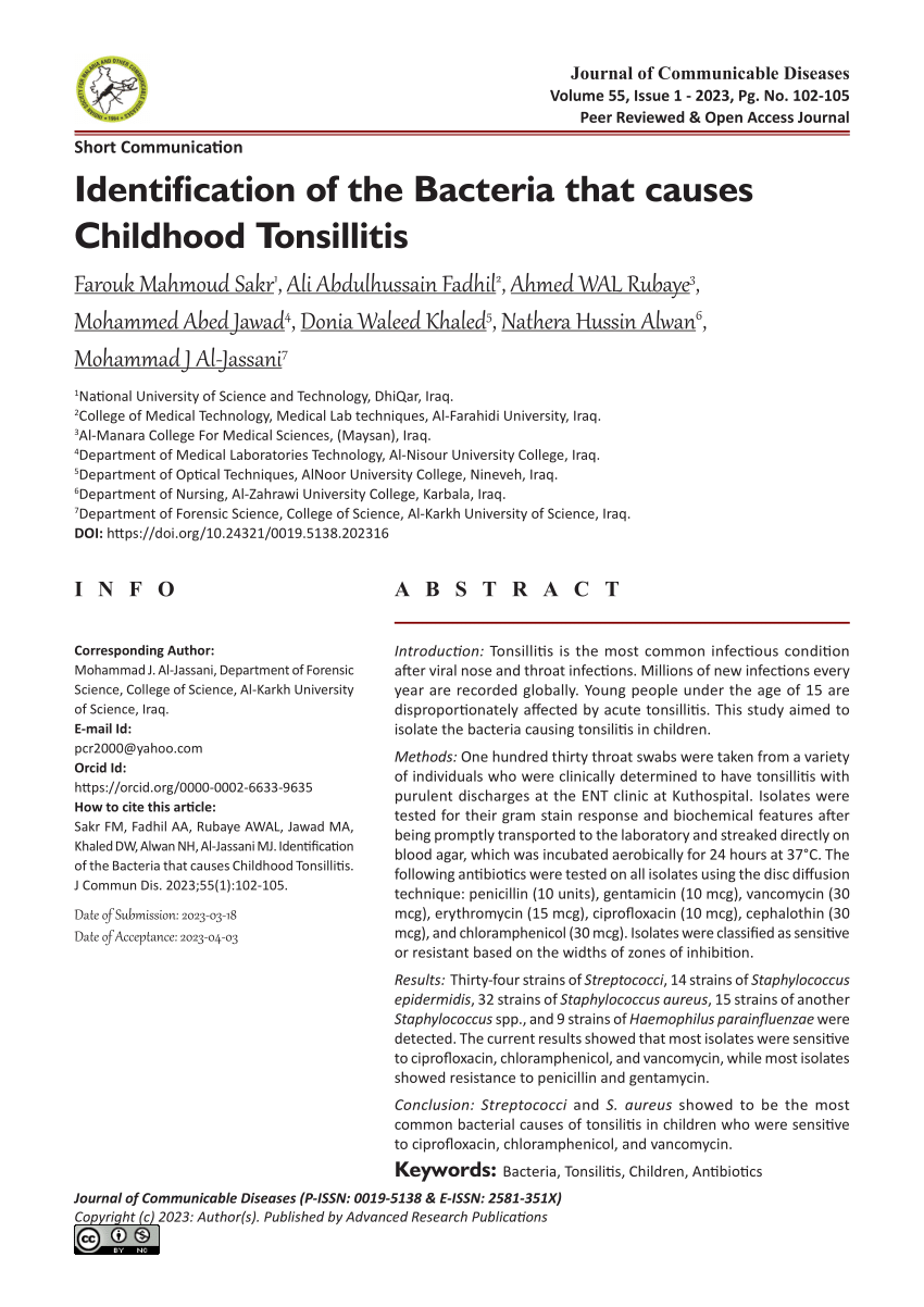Pdf Identification Of The Bacteria That Causes Childhood Tonsillitis