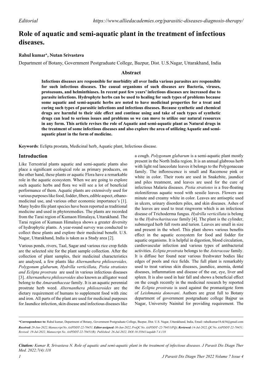 (PDF) role-of-aquatic-and-semiaquatic-plant-in-the-treatment-of