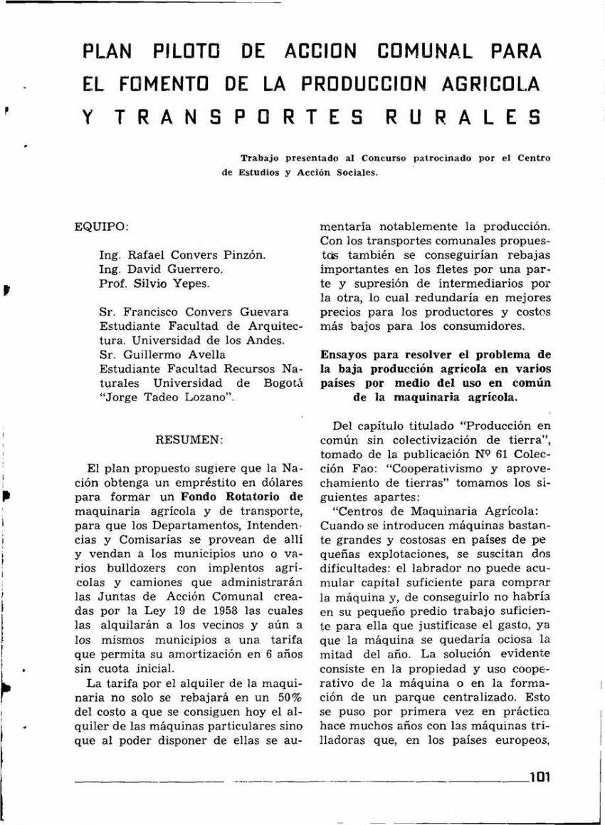 Pdf Plan Piloto De Acción Comunal Para El Fomento De La Producción Agrícola Y Transportes Rurales