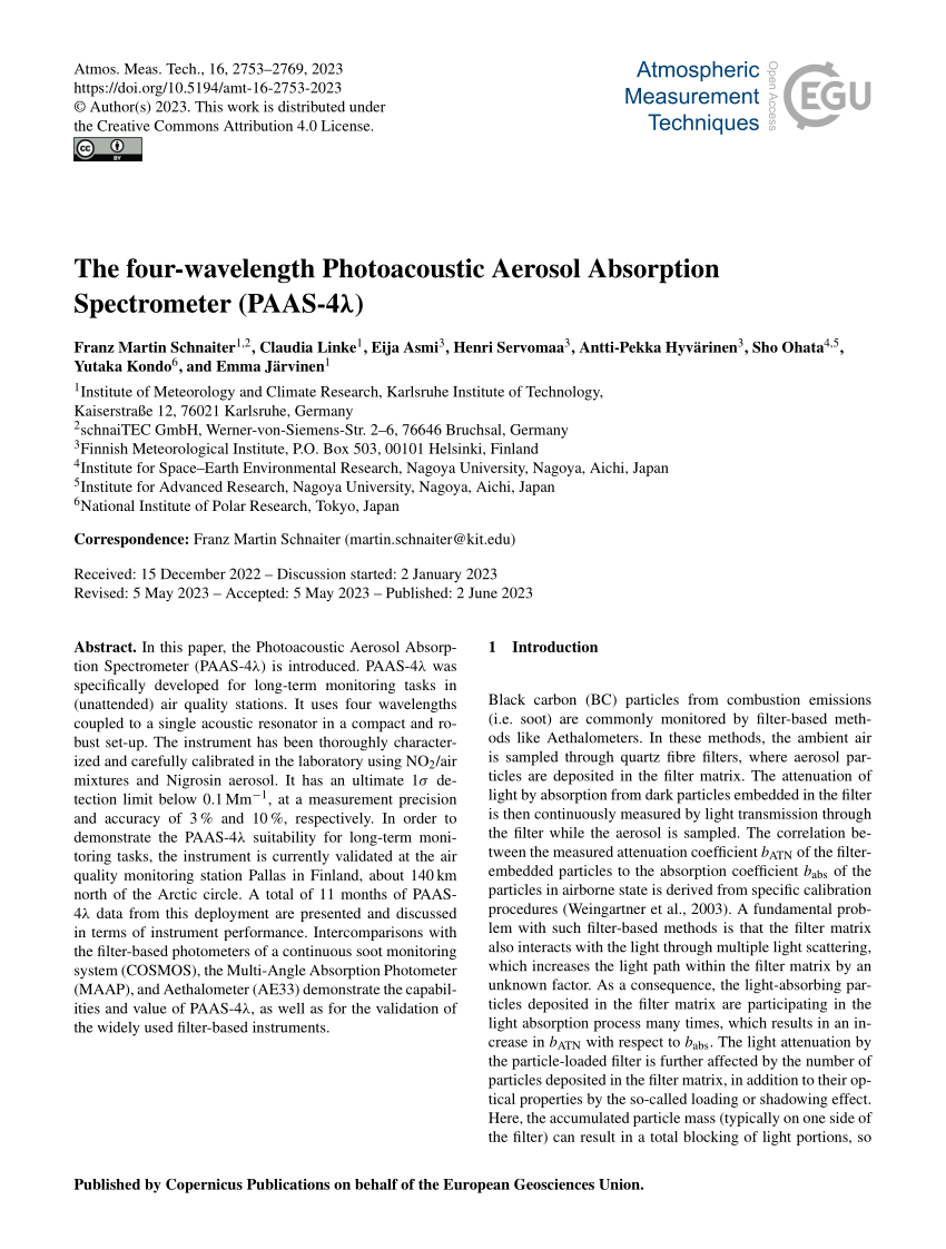 PDF) The four-wavelength Photoacoustic Aerosol Absorption Spectrometer (PAAS -4 λ )