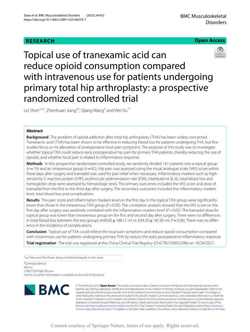 Pdf Topical Use Of Tranexamic Acid Can Reduce Opioid Consumption Compared With Intravenous Use 6291