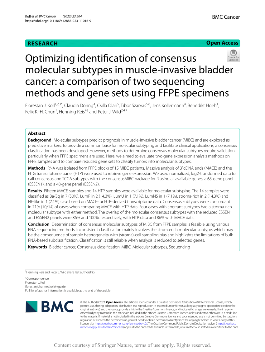 Pdf Optimizing Identification Of Consensus Molecular Subtypes In Muscle Invasive Bladder 1230